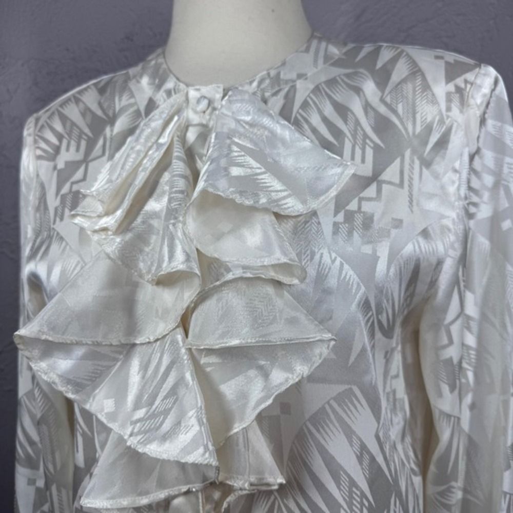 Vintage 90's Women's Large Ruffle Front Ivory Satin‎ Button Blouse Romantic Poet